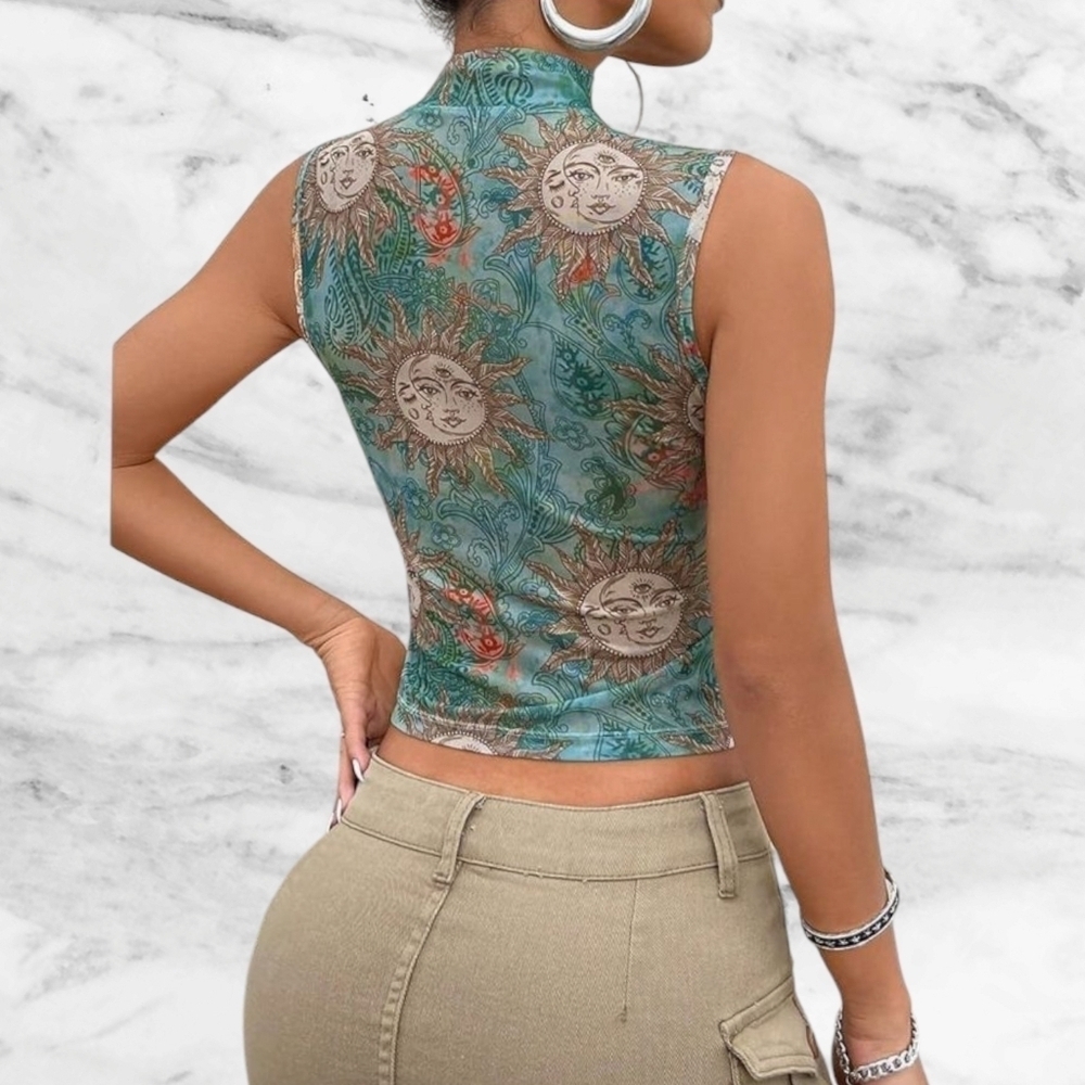 Sleeveless Sun & Moon Print Mock Neck Top green/Tan Small - Picture 2 of 7